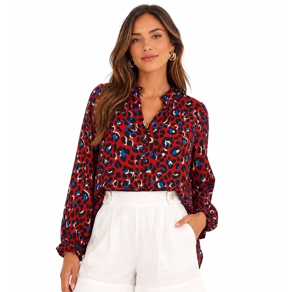 FRNCH Paris Red Leopard Print‎ Button Down Blouse High Low Hem S/M